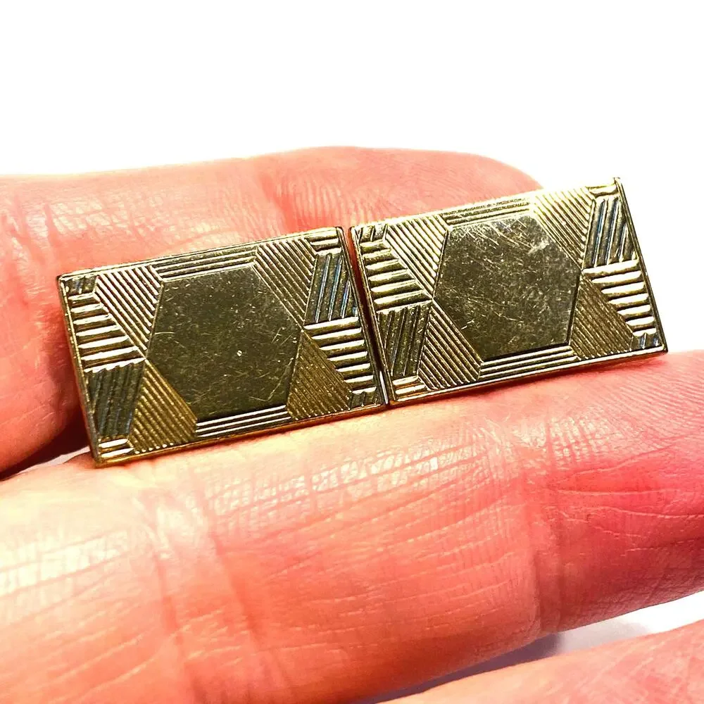 Vintage Cufflinks Textured Geometric Goldtone Rectangles Engravable Mens Jewelry